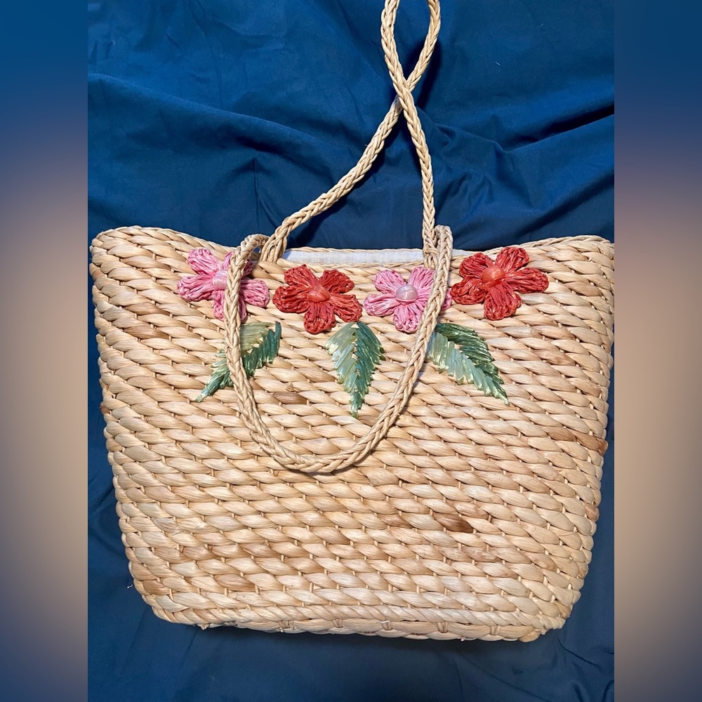 Tan and Red Floral Embellished Tote Bag